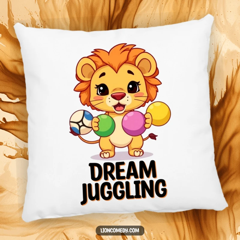 Funny soft pillow featuring a determined kawaii lion juggling three colorful balls, perfect for cozy humor.