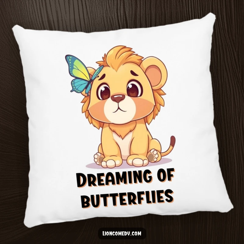 Funny pillow with a lion cub looking comically surprised at a butterfly, offering comfort and a humorous decorative accent.