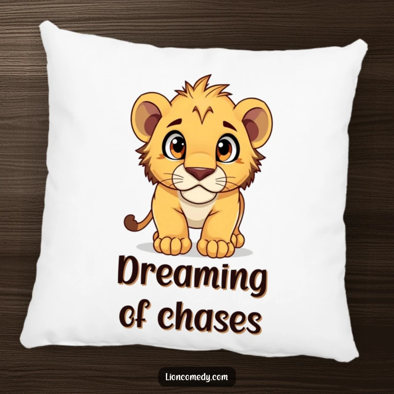 Funny Pillow featuring a lion cub in a playful pounce pose, wide curious eyes, perfect for adding humor.