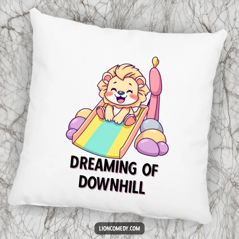 Funny Pillow: A tiny lion gleefully slides down a brilliant rainbow, offering comfort and cheer. A soft and humorous decorative item.