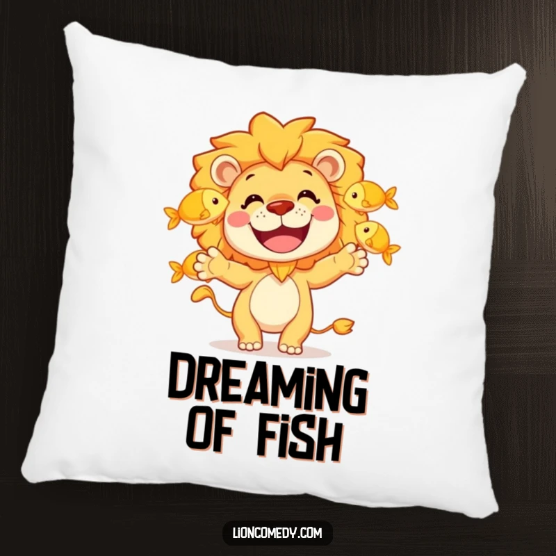 Funny pillow featuring a happy lion character juggling three golden fish with a wide, amused grin, offering comfort and humor.