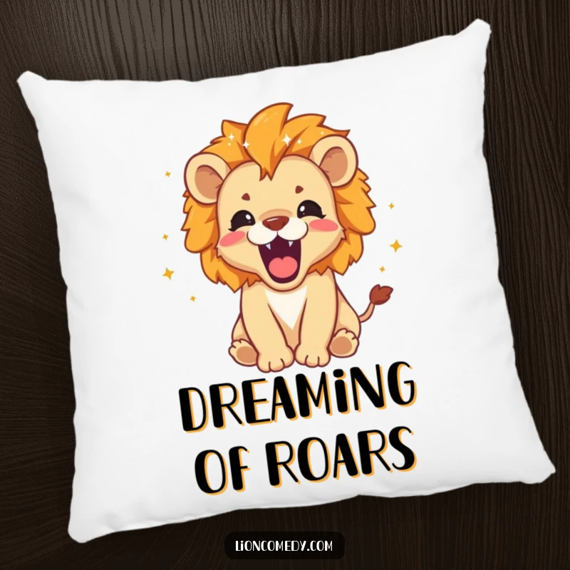 Funny Pillow: A roaring lion cub with tiny stars and sparkles around its mane, perfect for comfort and fierce decor.