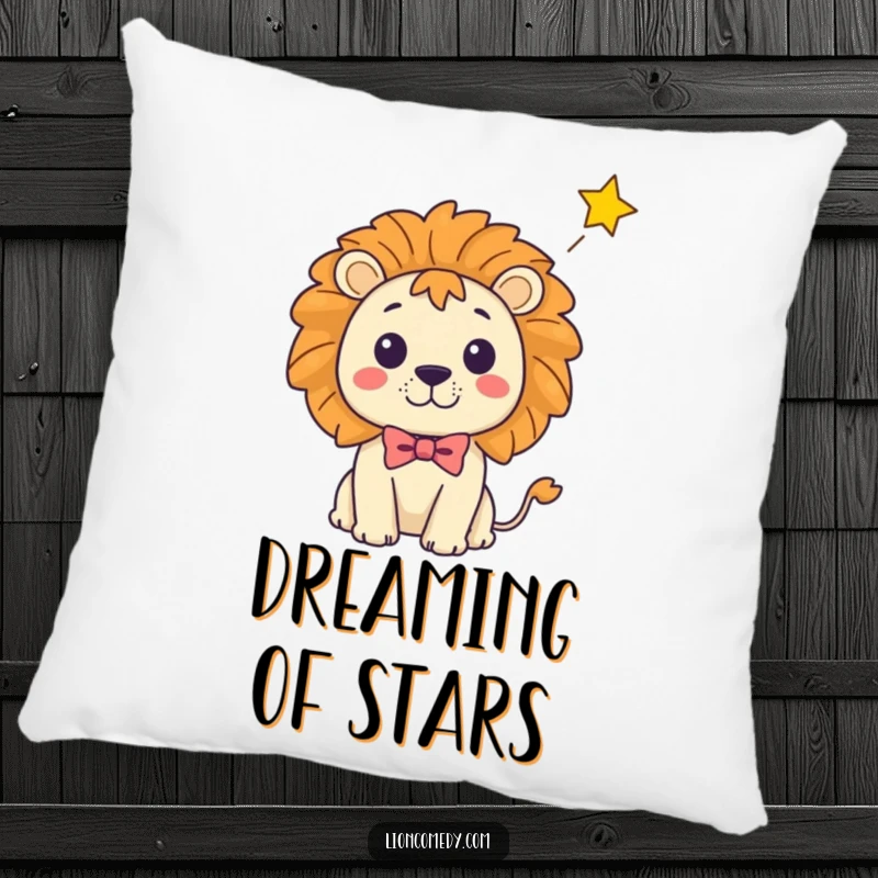 Funny Kawaii Lion Pillow: A surprised cartoon lion in a bow tie with a falling star, soft and humorous decor.