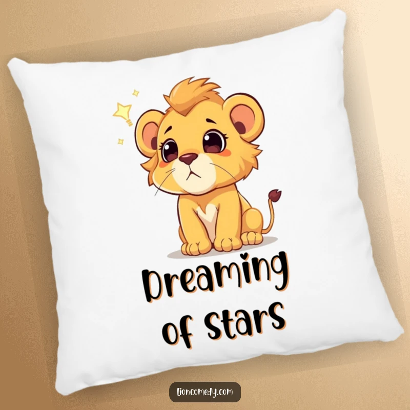 Funny lion cub pillow, soft and comforting, depicting a cub’s wonder at a shooting star, ideal for cozying up with dreams.