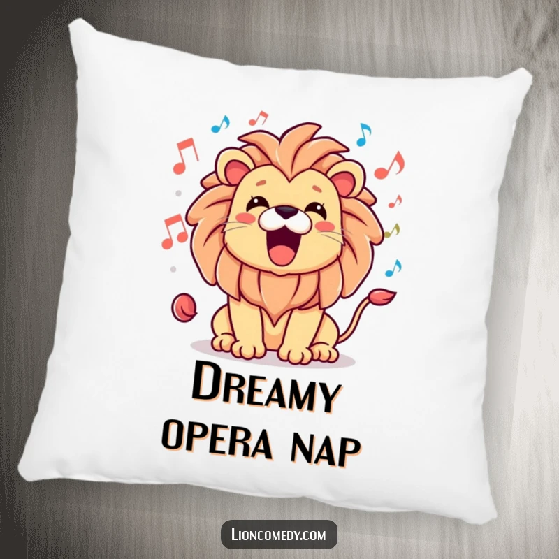 Funny pillow with a kawaii lion roaring happily, surrounded by musical notes, offering cozy musical decor.