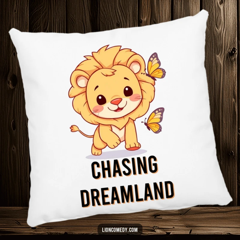 A soft pillow featuring a cheerful lion with a happy expression chasing a butterfly, perfect for cozy comfort.