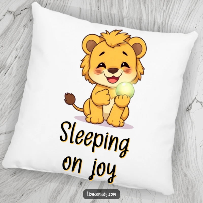 Funny pillow with a lion cub giggling while holding a small, glowing magical orb, offering comfort and a humorous decorative accent.
