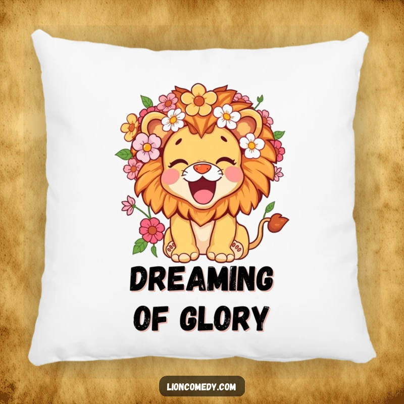 Funny kawaii lion cub with a mane of blooming flowers, roaring with delight, on a soft and cuddly pillow.