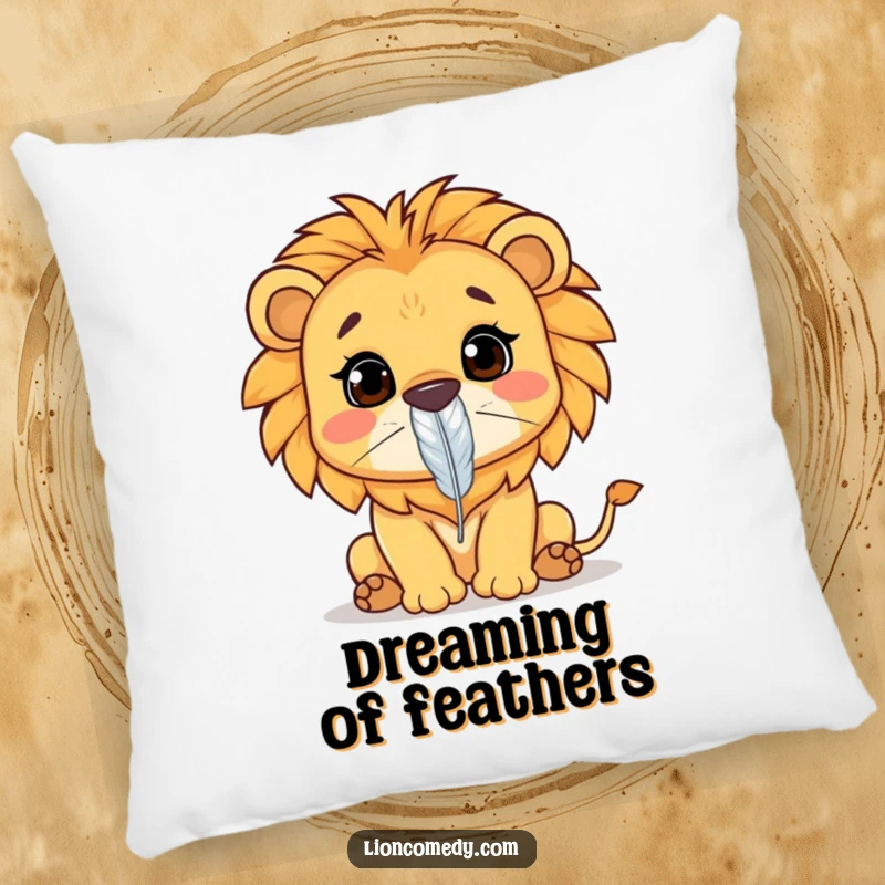 Funny Kawaii lion pillow featuring a lion concentrating on balancing a feather on its nose. Soft, comfortable, and humorous.