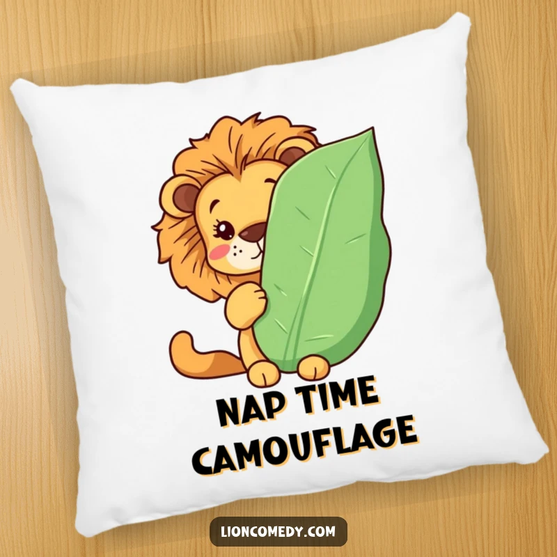 Funny Kawaii lion pillow featuring a lion hiding behind a leaf, peeking out. Soft, comfortable, and humorous.