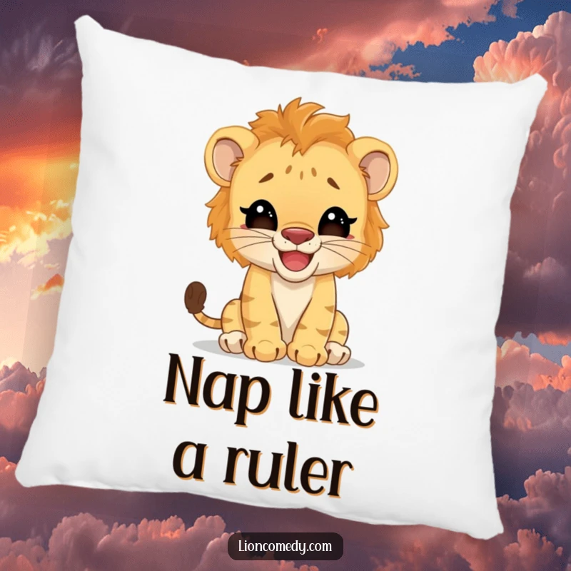 Funny Pillow: A giggling lion cub comically imitates a large cat, offering comfort and cheer. A soft and humorous decorative item.