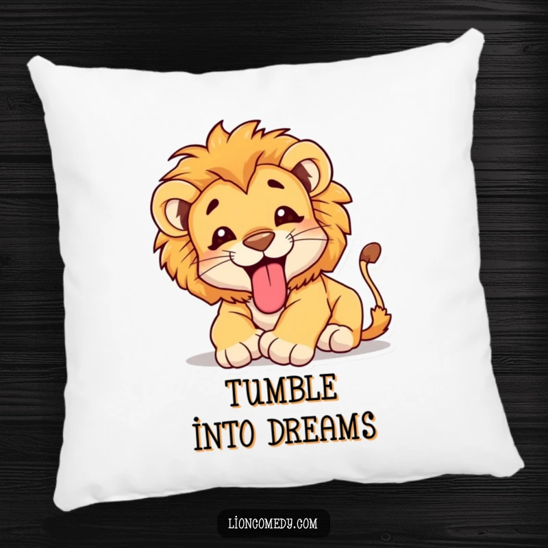 Funny Pillow showcasing a happy lion cub gleefully tumbling with its tongue out, offering soft comfort and a dose of playful humor.