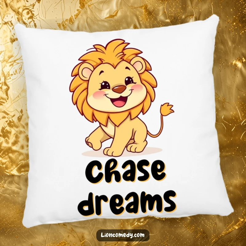 Funny Lion Grin Pillow featuring a cute kawaii lion with a wide grin, chasing its tail, ideal for comfort and whimsical decor.
