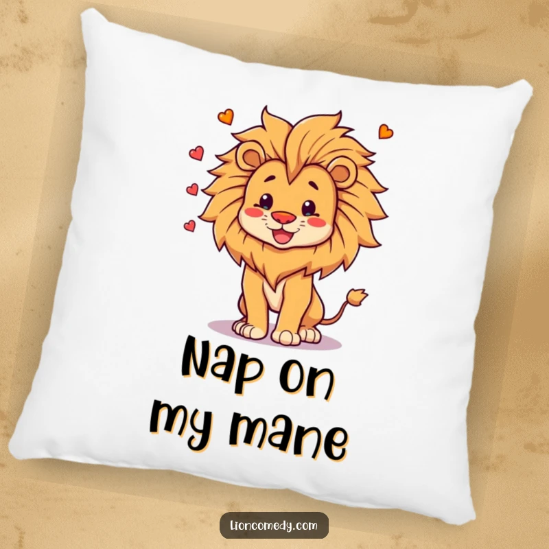 Funny Pillow showcasing a proud, happy lion playfully juggling its own voluminous mane, adding a touch of whimsical comfort and humor.