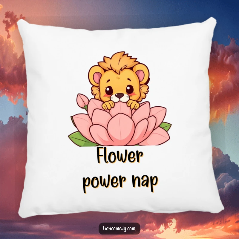 Funny pillow with a lion cub playfully peeking over a large, stylized flower, offering comfort and a humorous decorative accent.