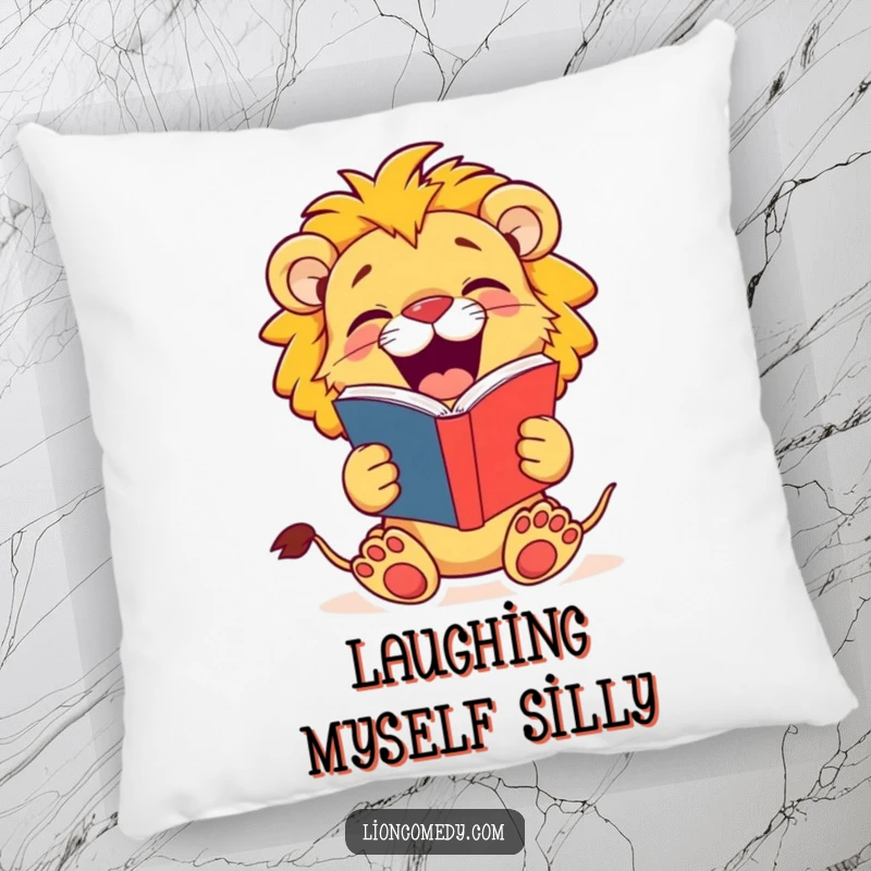 Funny Lion Cub Pillow: A jovial cub laughs heartily from its joke book, adding cozy humor to your space.