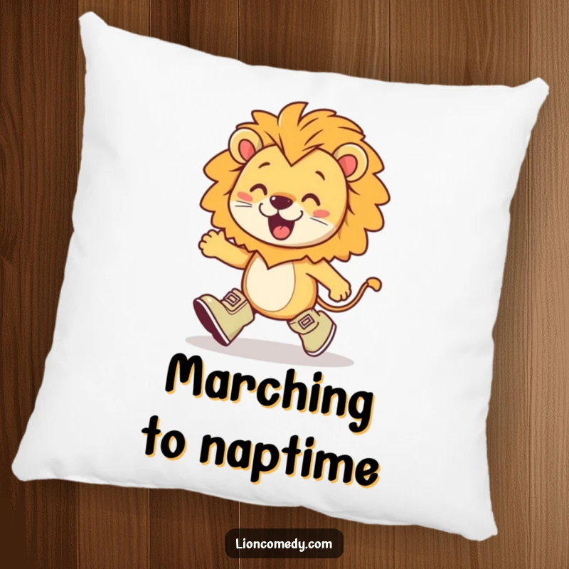 Funny kawaii lion wearing tiny boots, marching with exaggerated enthusiasm, offering comfort and a cute, determined character touch to a pillow.