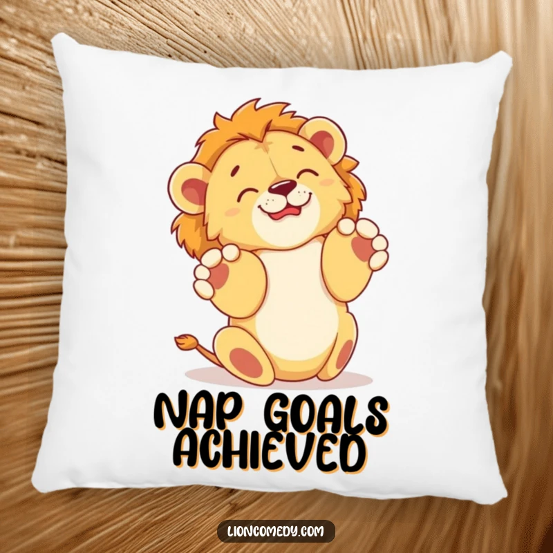 Funny pillow with a lion cub happily rolling on its back, paws in the air, offering comfort and a humorous decorative touch.