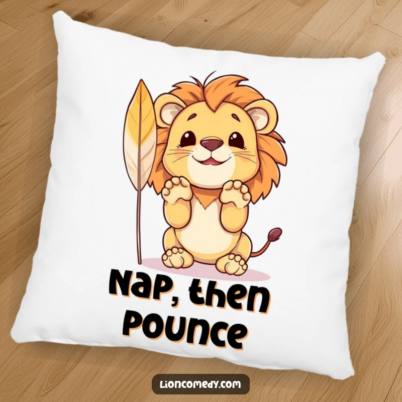 Funny pillow showcasing a small lion cub with paws raised, ready to pounce playfully on a delicate feather.