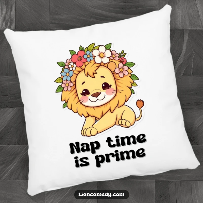 Funny pillow with a kawaii lion character and a flower mane, stretching lazily for ultimate comfort and cute appeal.