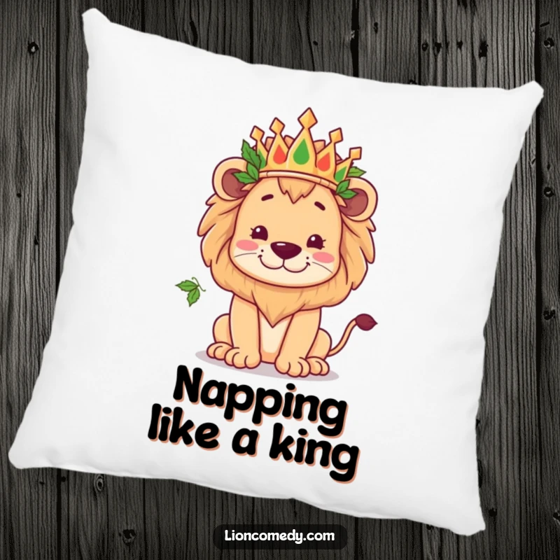 Funny kawaii lion wearing a crown of leaves, striking a kingly yet goofy pose, on a soft and cuddly pillow.