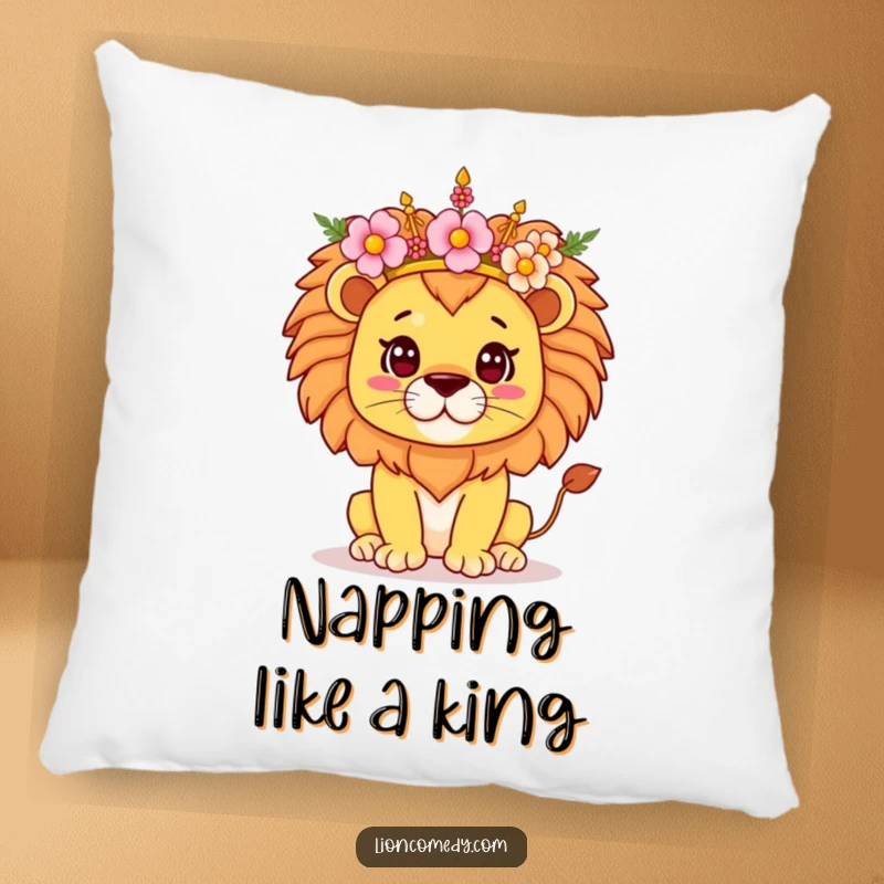 Funny Kawaii Lion Pillow, a proud lion balancing a beautiful flower crown, offering comfort and a touch of regal, cute charm to any setting.