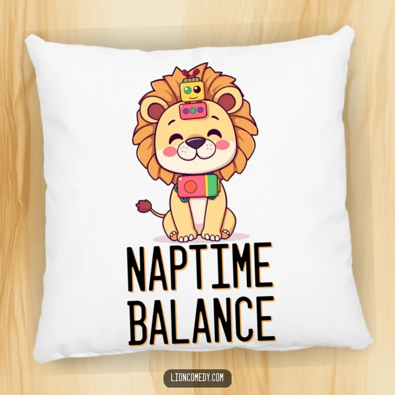 Funny Kawaii Lion Pillow: A cartoon lion balancing toys on its nose, soft, decorative, and humorous.