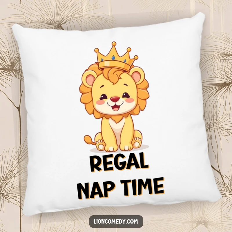 Funny lion cub pillow, soft and charming, depicting a cheerful cub balancing a crown, perfect for cozying up like royalty.