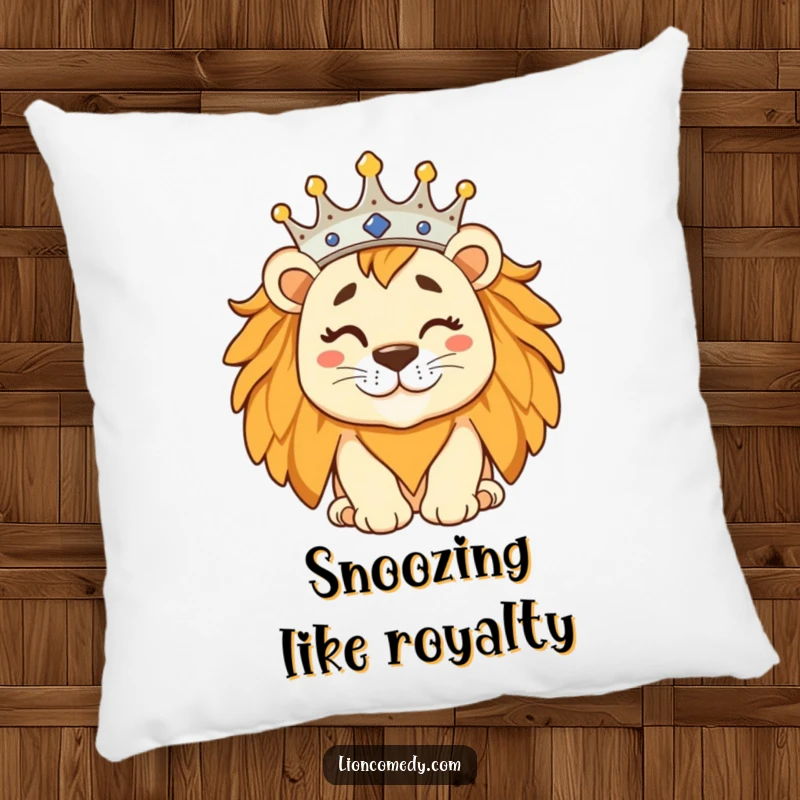 A soft pillow featuring a silly lion with a tilted crown, winking mischievously, perfect for regal comfort.