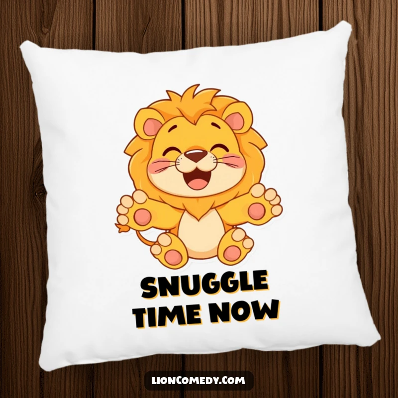 Funny Pillow showcasing a happy lion with paws outstretched, invitingly ready for a hug, offering soft comfort and a heartwarming message.