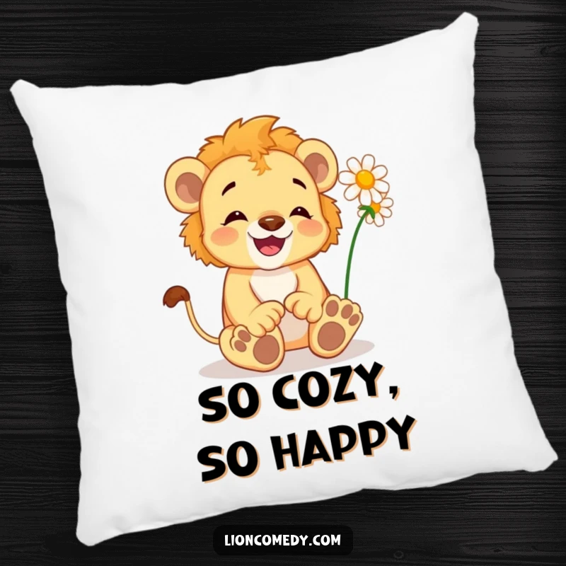 Funny Lion Cub Pillow: A delighted cub wiggles its toes, tickled by a daisy, adding playful comfort.