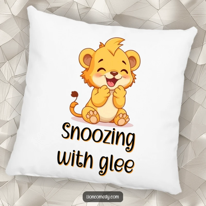 Funny Pillow featuring a lion cub clapping its paws together in delight, perfect for adding joyful humor.