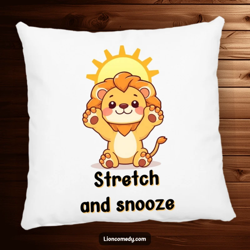 Funny Lion Stretch Pillow featuring a cute kawaii lion stretching its paws upwards towards a bright sun, ideal for comfort and cheer.