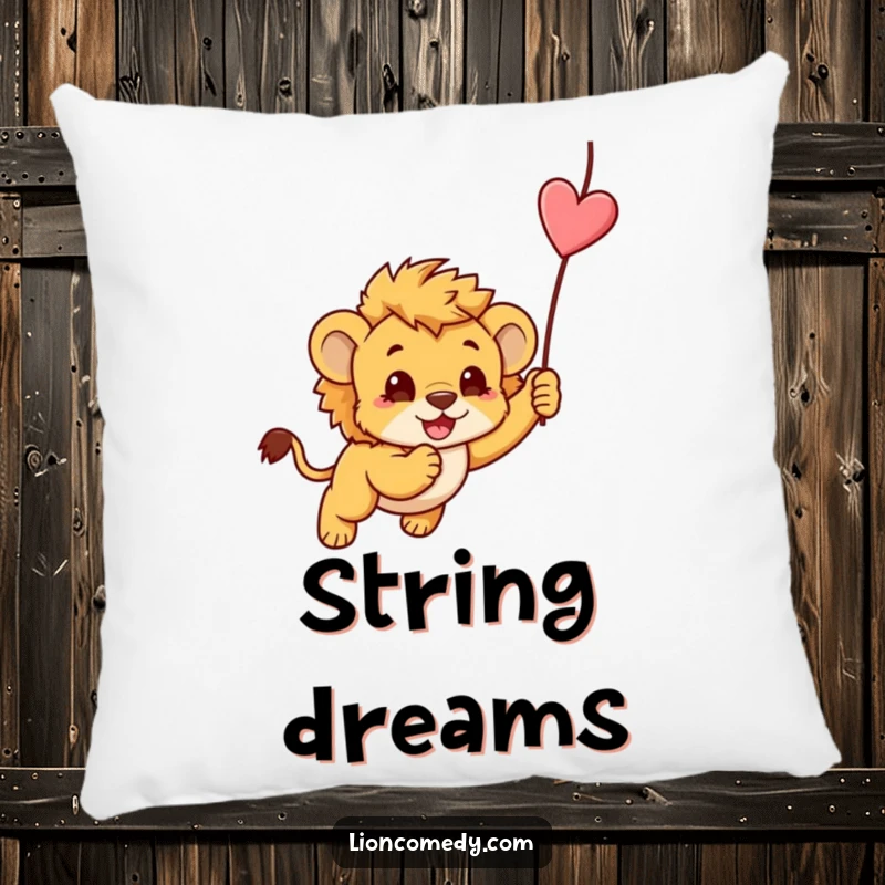 Funny soft pillow with a cute kawaii lion cub pouncing on a string, adding playful charm to any room.