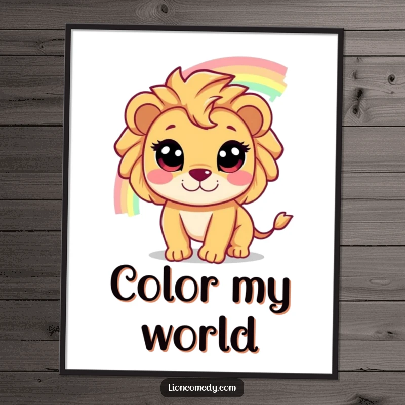 Funny digital art print of a cute lion character with wide eyes chasing a shimmering rainbow, ready to inspire wonder.