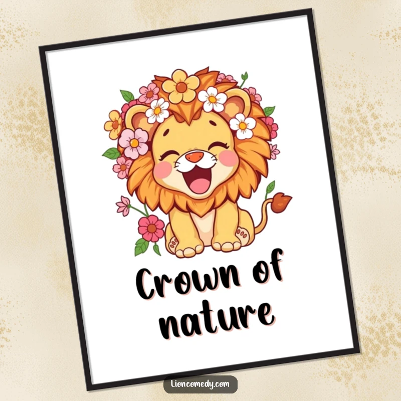 Funny kawaii lion cub with a flower-filled mane, roaring with delight, available as an instant digital art print.