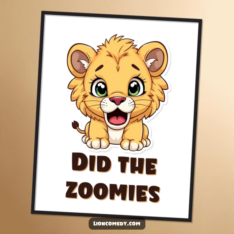 Funny lion cub digital art print of a cub with comically wide eyes and an open mouth, caught in a moment of pure surprise.