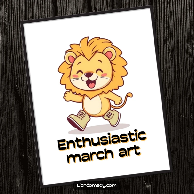 Funny kawaii lion wearing tiny boots, marching with exaggerated enthusiasm, ideal for digital decoration or printable art with a cheerful vibe.