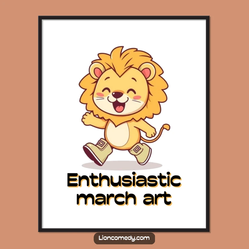 Funny Kawaii Lion Marching Digital Art: Boots, Enthusiasm, Instant Gift