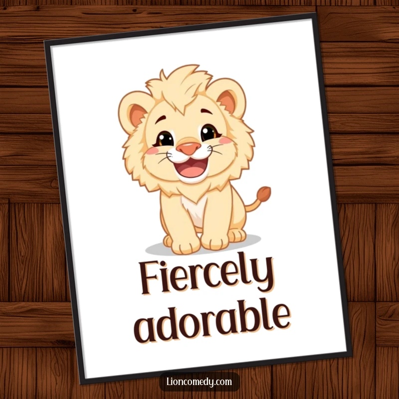 Funny fluffy lion cub with a big grin pouncing playfully, available as a digital art print for instant cheerful decor.