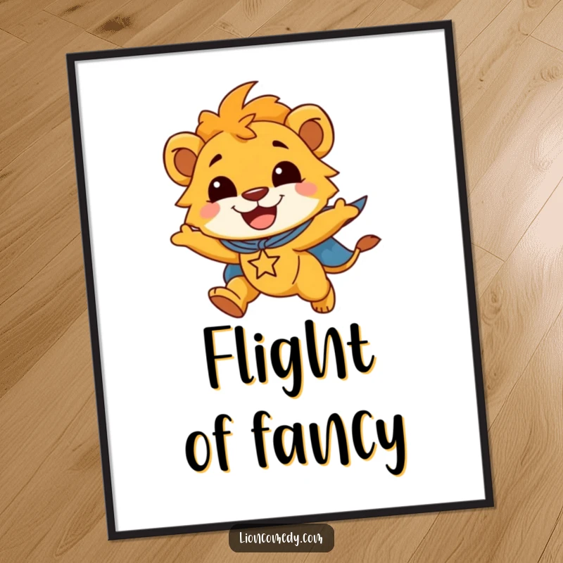 Funny digital art print of a smiling lion cub in a superhero cape, flying joyfully, ready to bring heroic vibes.