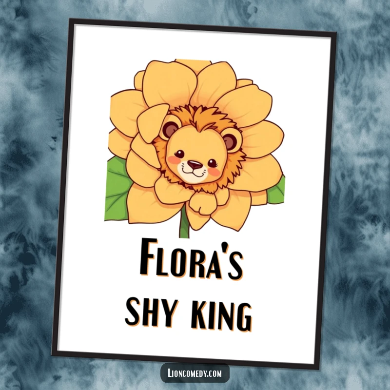 Funny curious lion digital art print, depicting a lion peeking from behind a large flower, perfect for whimsical decor.