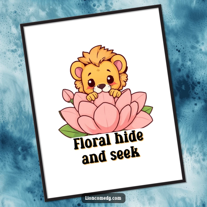 Funny digital art print of a lion cub playfully peeking over a large, stylized flower, providing instant decor and humor.