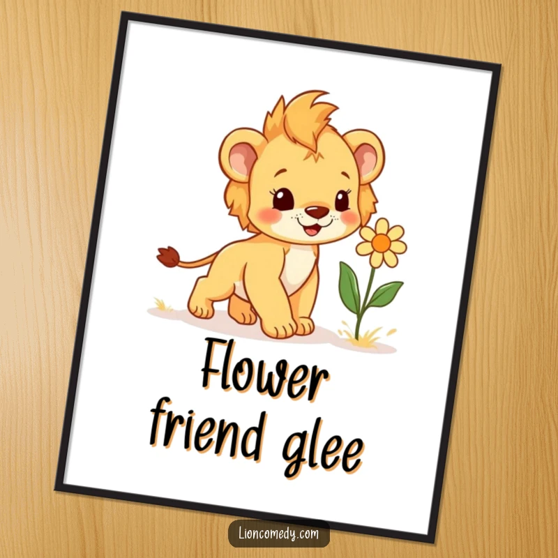 Funny Digital Art of a joyful lion cub with a spring in its step, playfully approaching a giggling flower, creating a heartwarming and humorous wall art.
