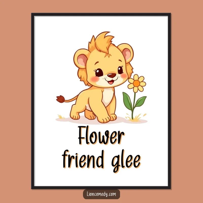 Funny Cub & Flower Digital Art - Joyful Spring Print, Hilarious Decor Gift