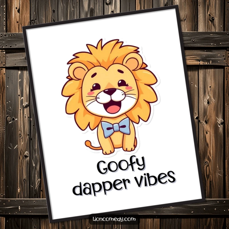Funny Digital Art of a dapper lion with a goofy smile and a tiny bow tie, creating a humorous and visually appealing statement piece.
