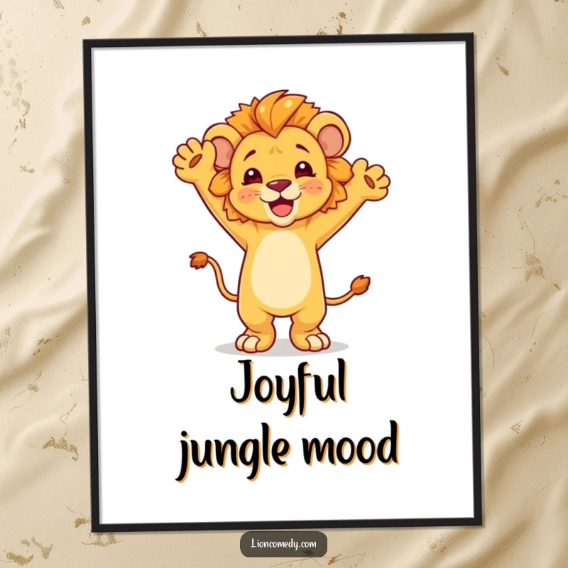 Funny dancing lion cub digital art print, arms raised high in joyous dance, vibrant and celebratory, instantly downloadable wall decor.