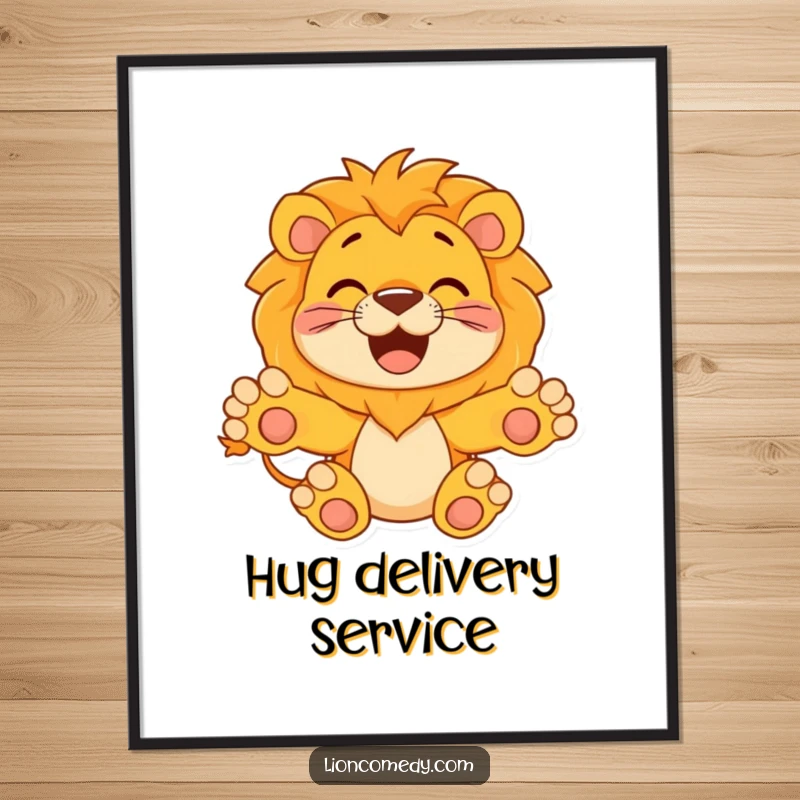 Funny Digital Art of a happy lion with paws outstretched, invitingly ready for a hug, creating a heartwarming and humorous wall art.