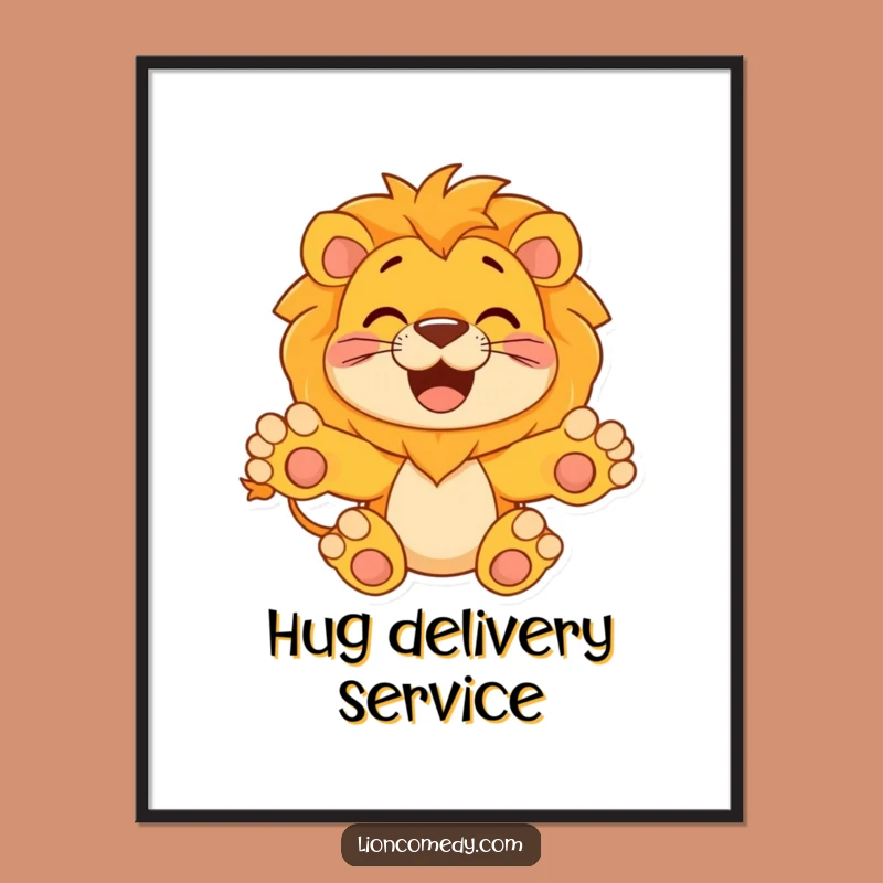 Funny Hugging Lion Digital Art - Happy Leo Print, Hilarious Decor Gift