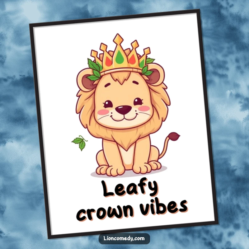 Funny kawaii lion wearing a crown of leaves, striking a kingly yet goofy pose, available as an instant digital art print.